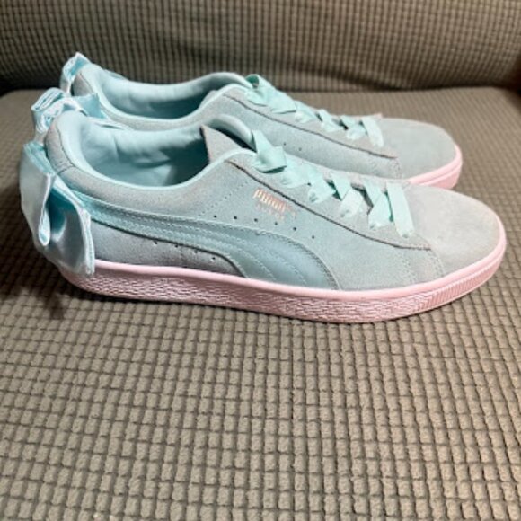 Puma Suede Bow Sneakers Mint Green & Pink Sole Women's 7.5 - Picture 1 of 9